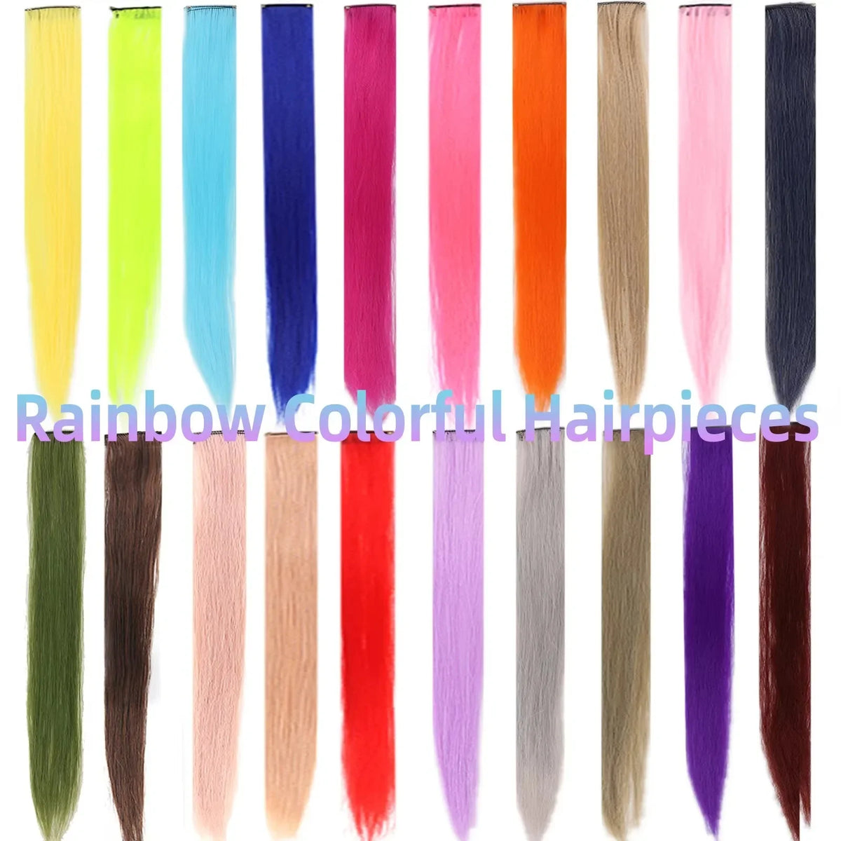 A collection of rainbow colored straight hair pieces in various shades and lengths.