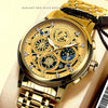 A close-up of a gold-toned men's stainless steel quartz wristwatch with an intricate dial and black leather strap.