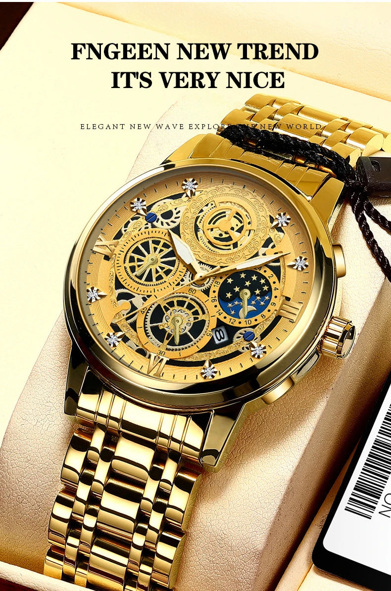 A close-up of a gold-toned men's stainless steel quartz wristwatch with an intricate dial and black leather strap.