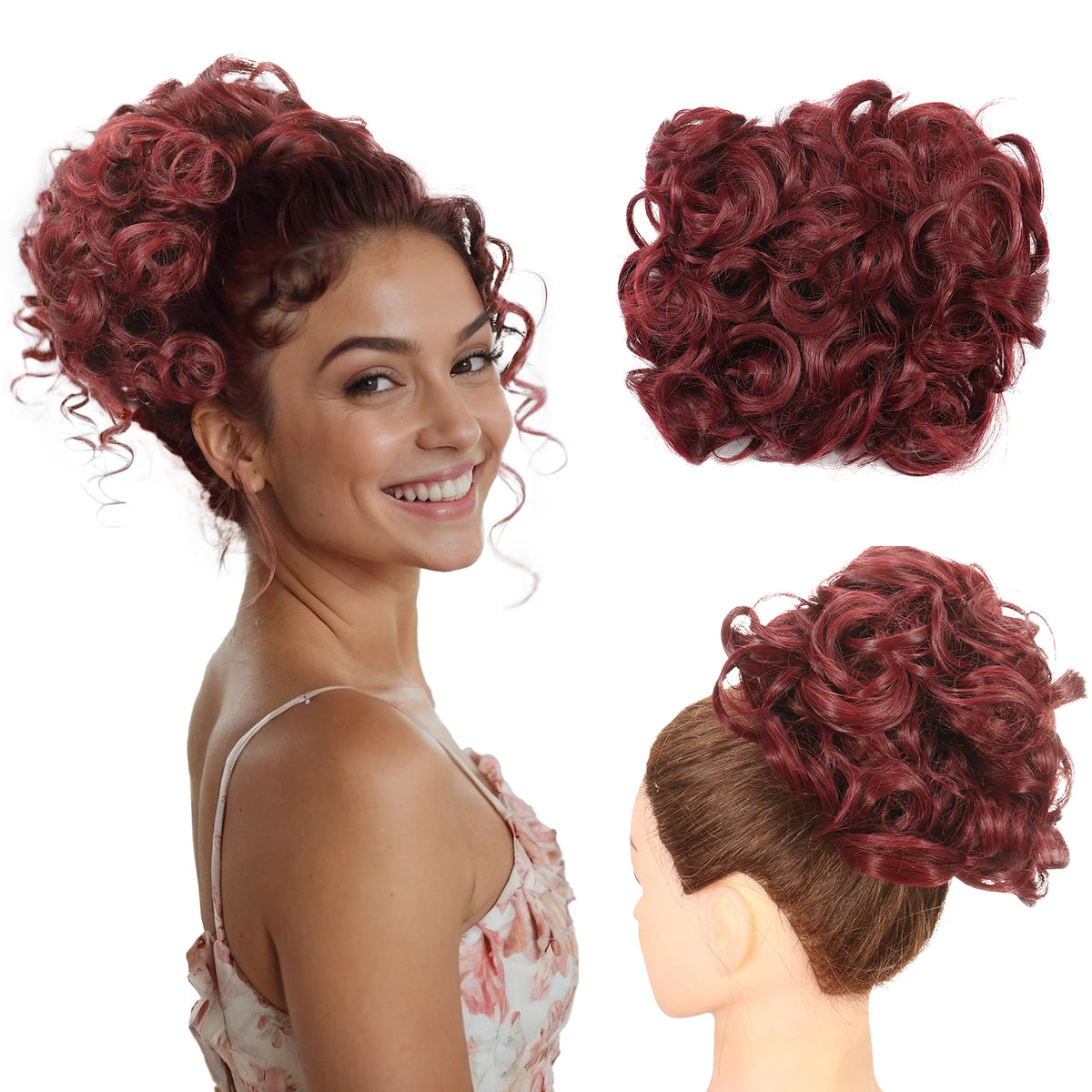 A woman shows off a reddish-auburn curly hairstyle, including a separate curly chignon hairpiece.