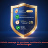 A gold-framed certificate detailing product guarantees including price protection, exchange options, and warranty information
