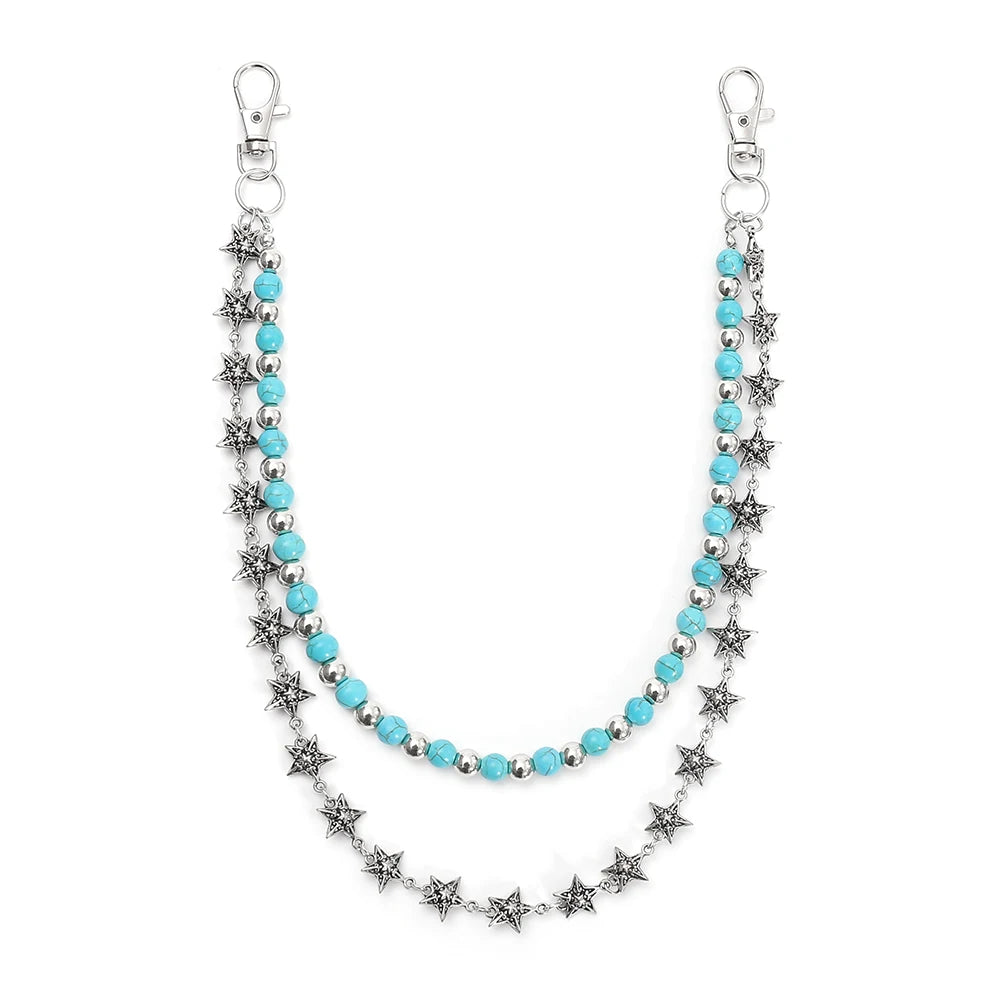 A silver double-layer waist chain accessory featuring small, sparkling charms.