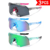 A set of three large frame trendy eyewear sunglasses in black, blue, and green colors.