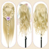 Three long blonde hair extensions displayed on mannequins, showing different styles and lengths.