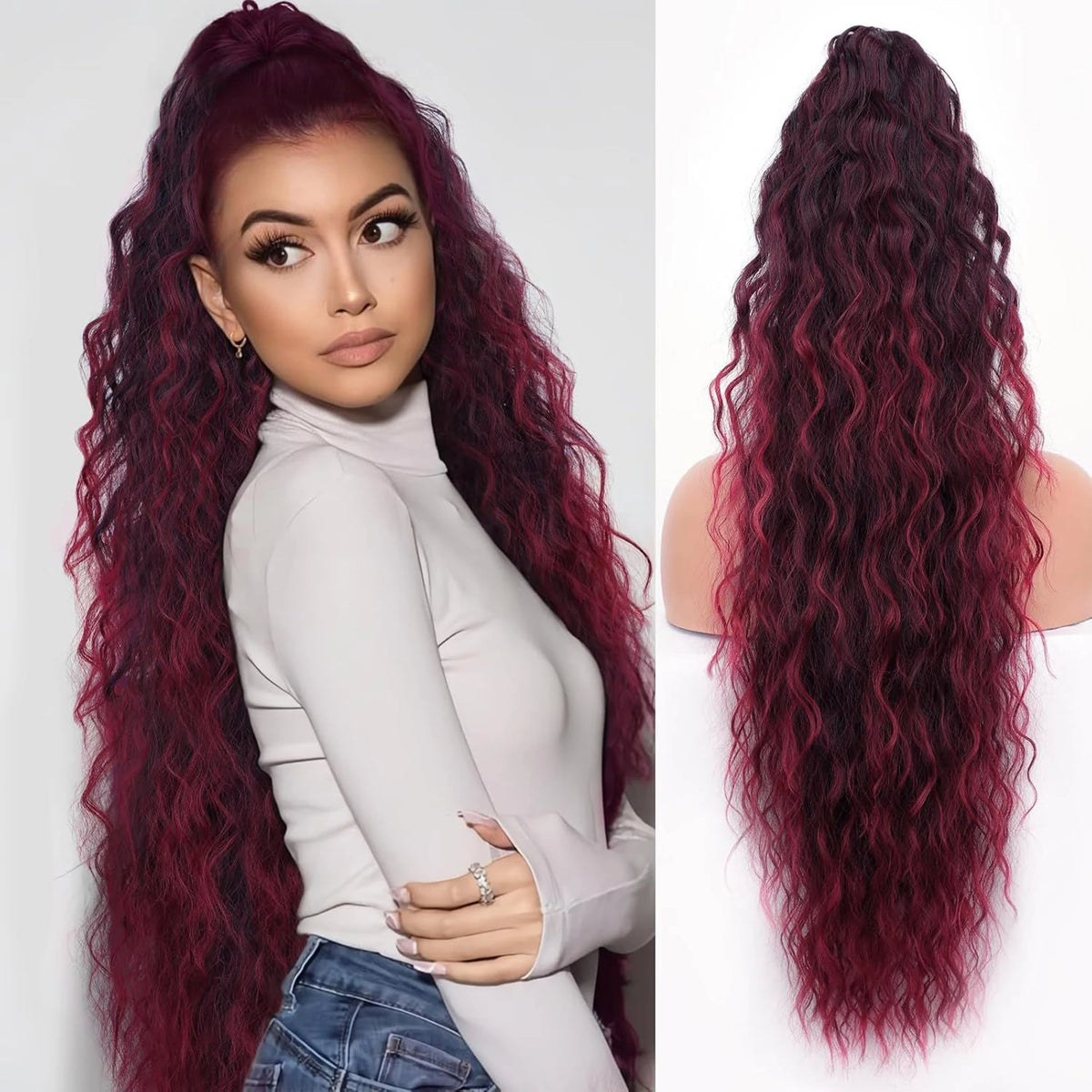 Longues extensions de cheveux bordeaux éclatantes, clip-in, avec des ondulations volumineuses