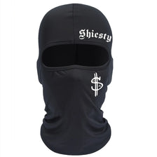 Black windproof dustproof ski mask and neck cover with the word Shiesty embroidered on the forehead