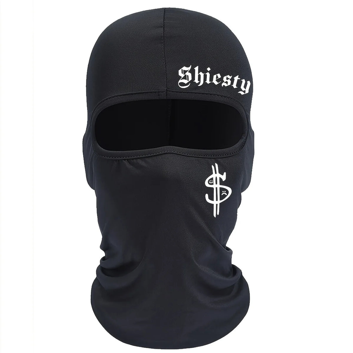 Black windproof dustproof ski mask and neck cover with the word Shiesty embroidered on the forehead