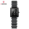 A black luxury quartz couple watch with a silver-toned metal band and square face.