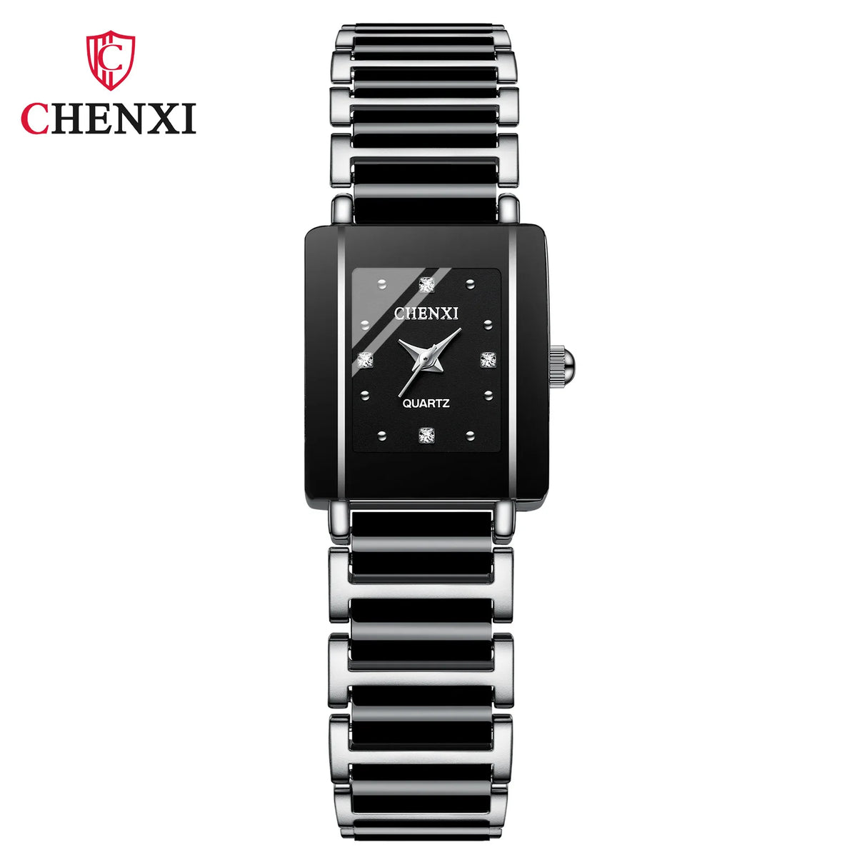 A black luxury quartz couple watch with a silver-toned metal band and square face.