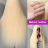 A long, straight blonde hair wig shown alongside a close-up of the hairline and a model wearing the hair.