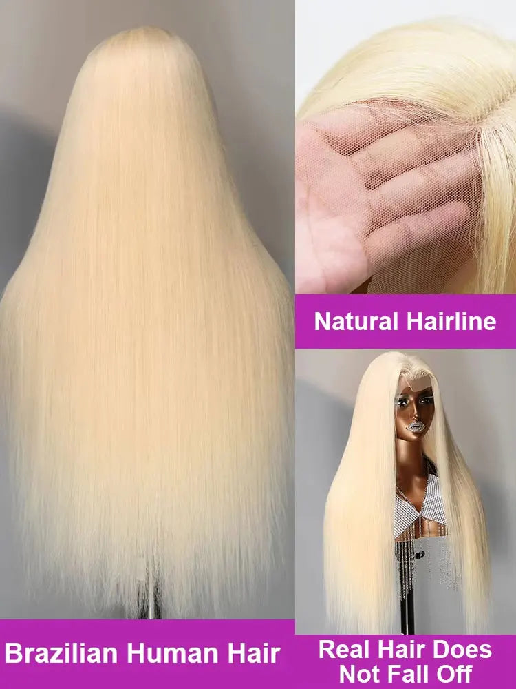 A long, straight blonde hair wig shown alongside a close-up of the hairline and a model wearing the hair.