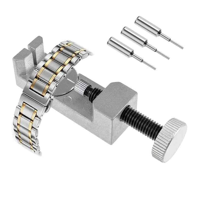 A set of three precision watch link pin remover tools and a silver watch bracelet are shown on a white background.