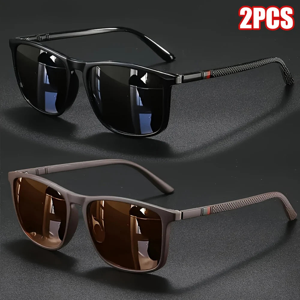 A pair of vintage square polarized cycling sunglasses in a dark brown color displayed against a black background.