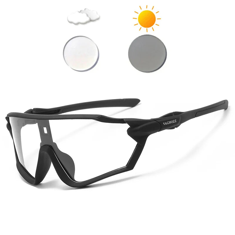 A pair of black polarized sunglasses shown with accompanying icons representing cloudy and sunny weather.