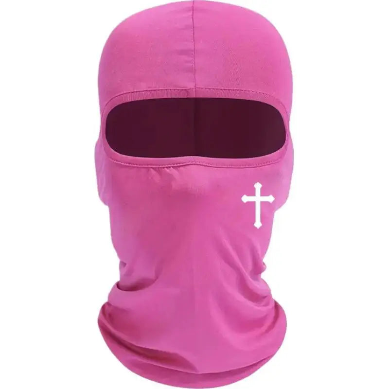 A bright pink full face balaclava mask for sports and winter.