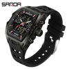 Schwarze Herren-Chronographen-Armbanduhr mit schwarzem Armband und silbernen Akzenten.