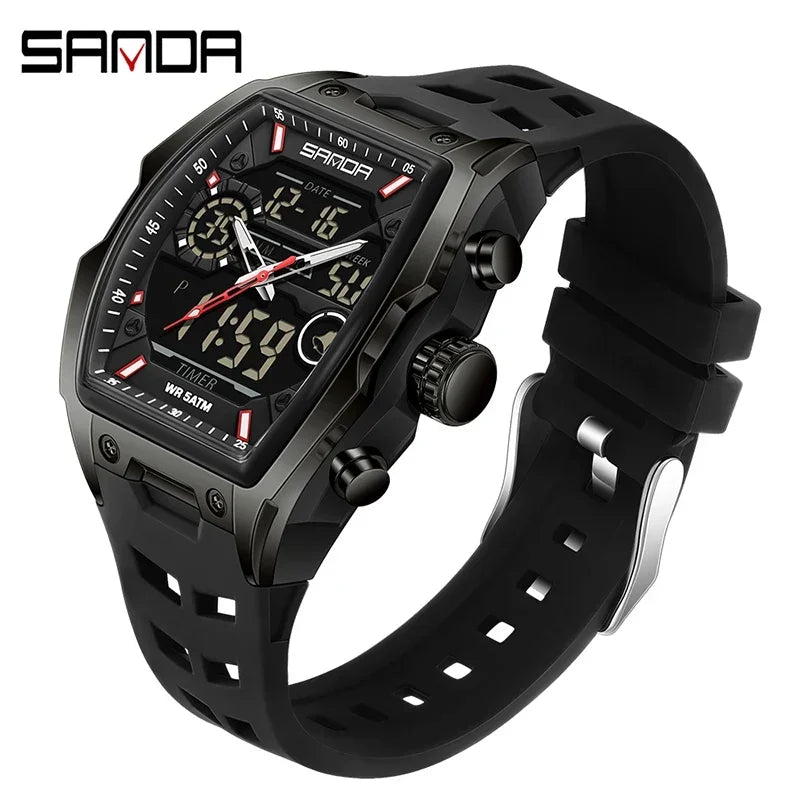 Schwarze Herren-Chronographen-Armbanduhr mit schwarzem Armband und silbernen Akzenten.