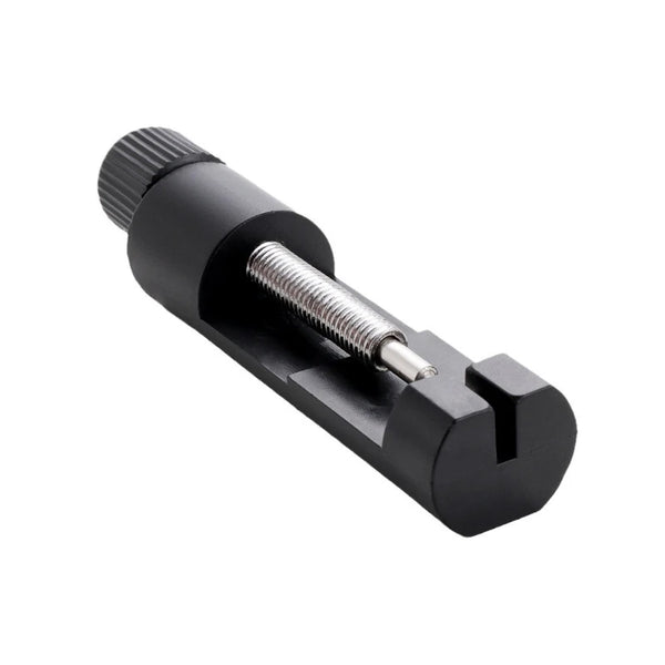 A black adjustable watch band link repair kit with a silver screw mechanism.