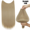 A bundle of straight 24W blonde hair extensions shown flat and being held by a hand.