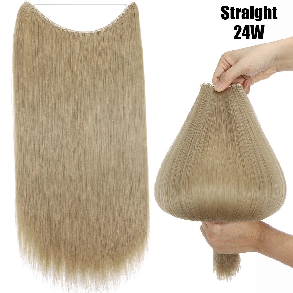 A bundle of straight 24W blonde hair extensions shown flat and being held by a hand.