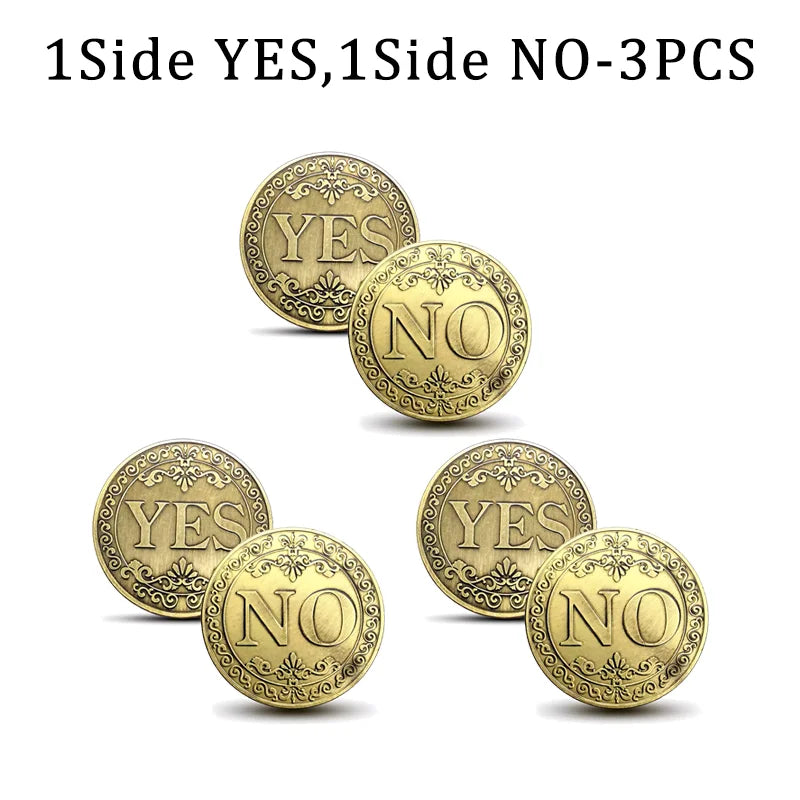 Three vintage antique bronze decision coins showing YES and NO faces.