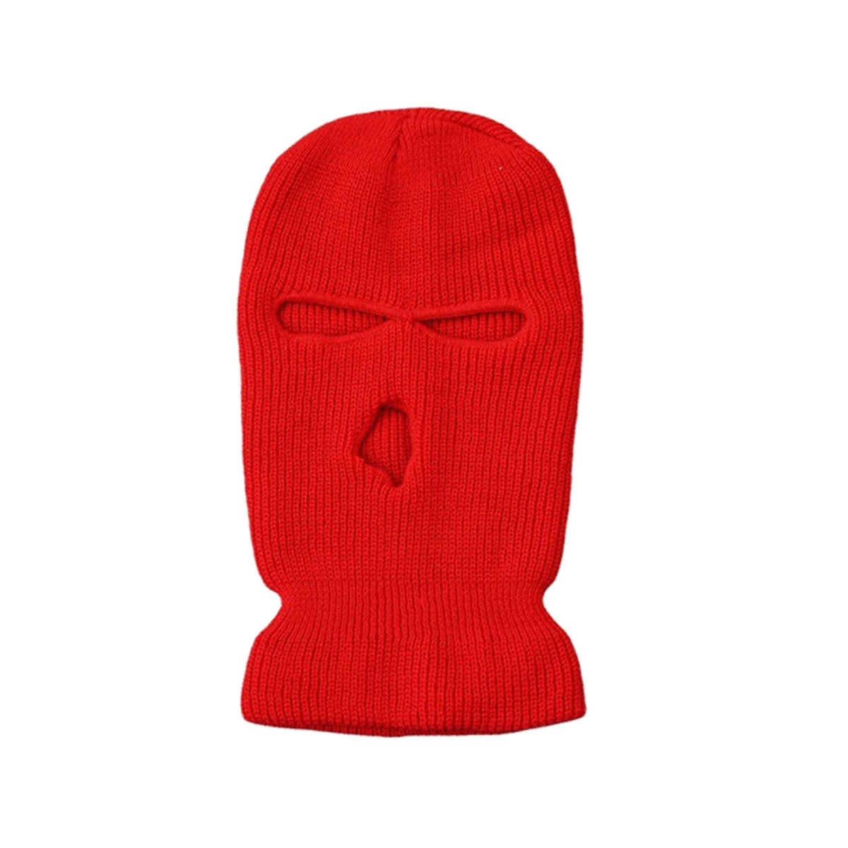 Helle rote Strickbalaclava und winddichte Skimaske.
