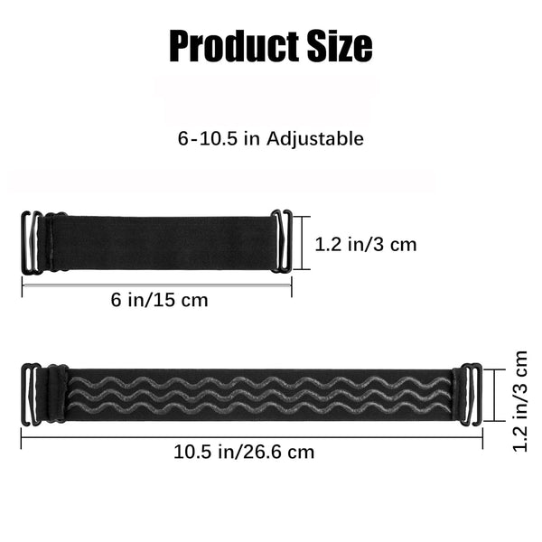 Black non-slip adjustable wig holding band shown with various length options and measurements.