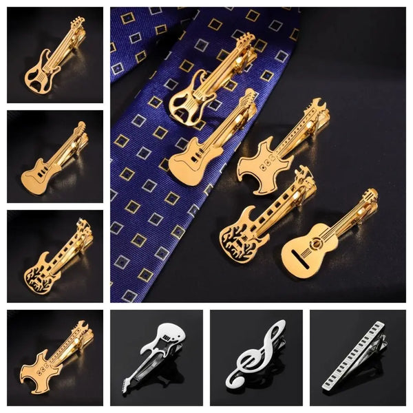 A collection of titanium tie clips designed for various guitar and musical instruments.