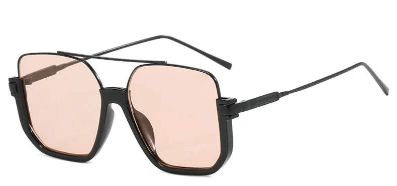 Black double bridge oversized square sunglasses with rose gold tinted lenses and thin arms