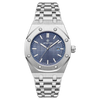 A silver-toned luxury square quartz men's watch with a blue dial and stainless steel bracelet.