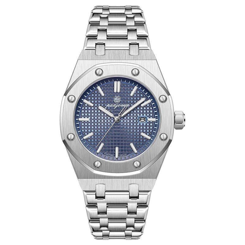 A silver-toned luxury square quartz men's watch with a blue dial and stainless steel bracelet.