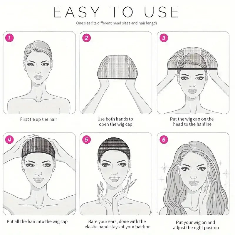 Instructions for using high elasticity wig caps and hair netting, showing steps for applying the product to hair.