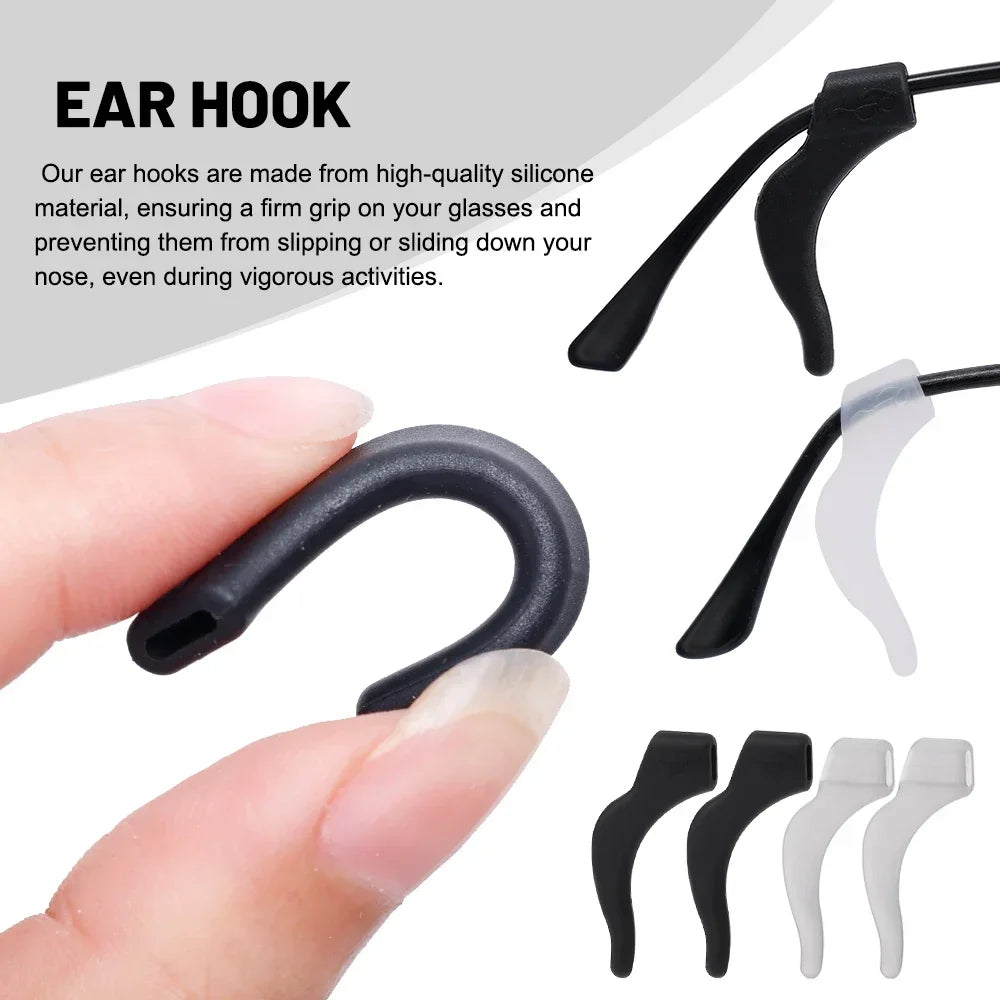 Close-up view of black and clear silicone anti-slip ear hooks designed for securing glasses on the nose.