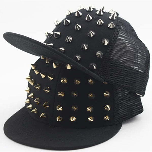 Black flat hat baseball cap covered in gold and silver rivets