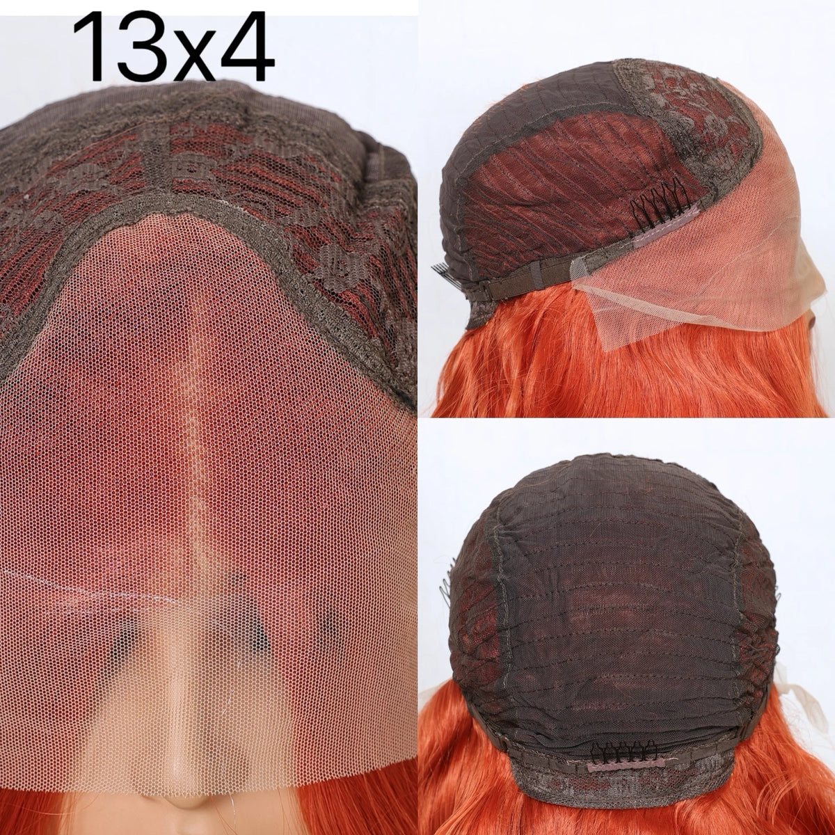 A close-up of a ginger orange loose wave wig with a lace front, showing the hair and wig cap.