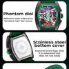 A close-up of a green luxury watch featuring a phantom dial, stainless steel bottom cover, and silicone tape.