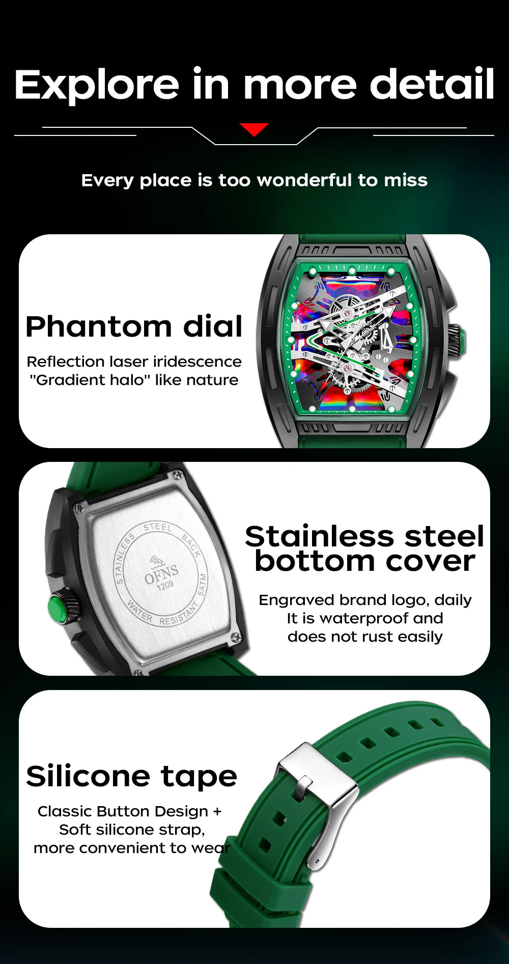 A close-up of a green luxury watch featuring a phantom dial, stainless steel bottom cover, and silicone tape.