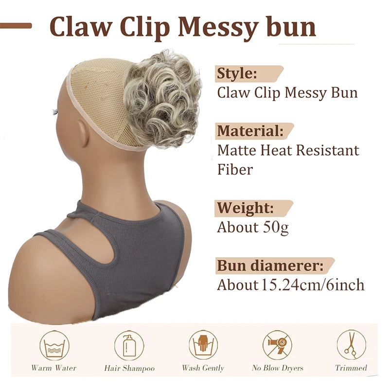 A model shows a gray matte heat resistant fiber messy bun hair accessory with a claw clip on the back of her head.