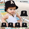 A set of 12 black A-Z letters printed on sun hats for kids