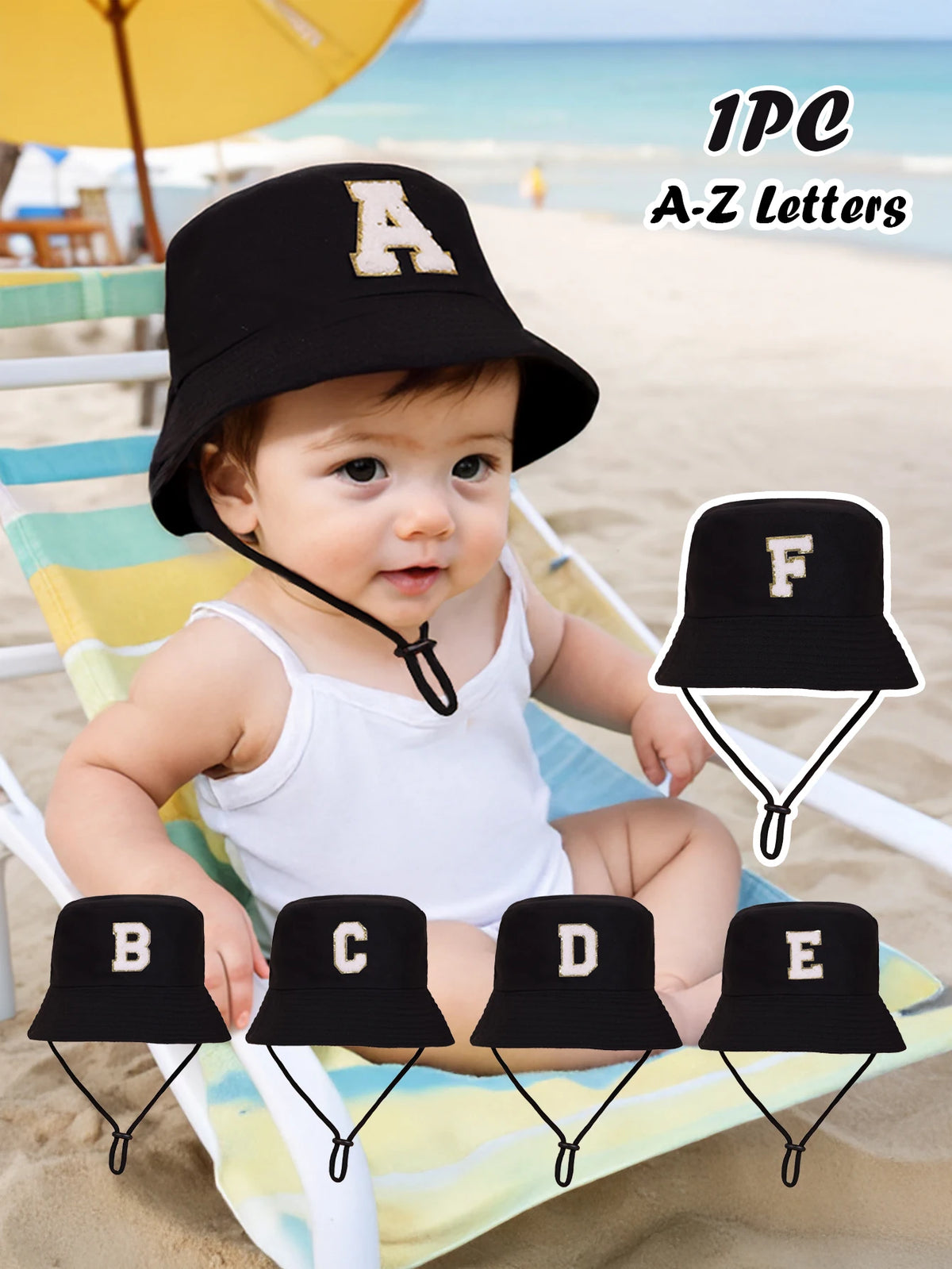 A set of 12 black A-Z letters printed on sun hats for kids