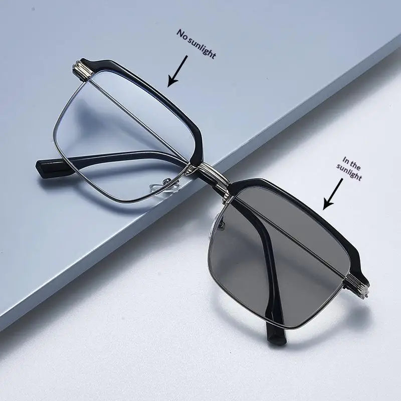 A pair of sleek, dark-framed photochromic anti-blue light reading glasses shown with and without sunlight.