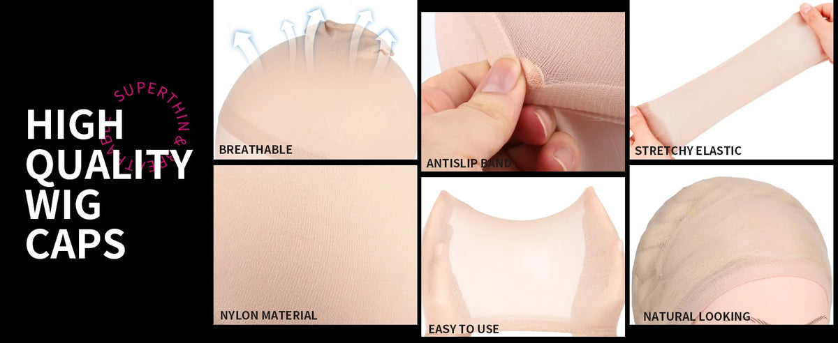 A collage showing various features of high quality wig caps including breathable nylon material, stretchy elastic, easy to us