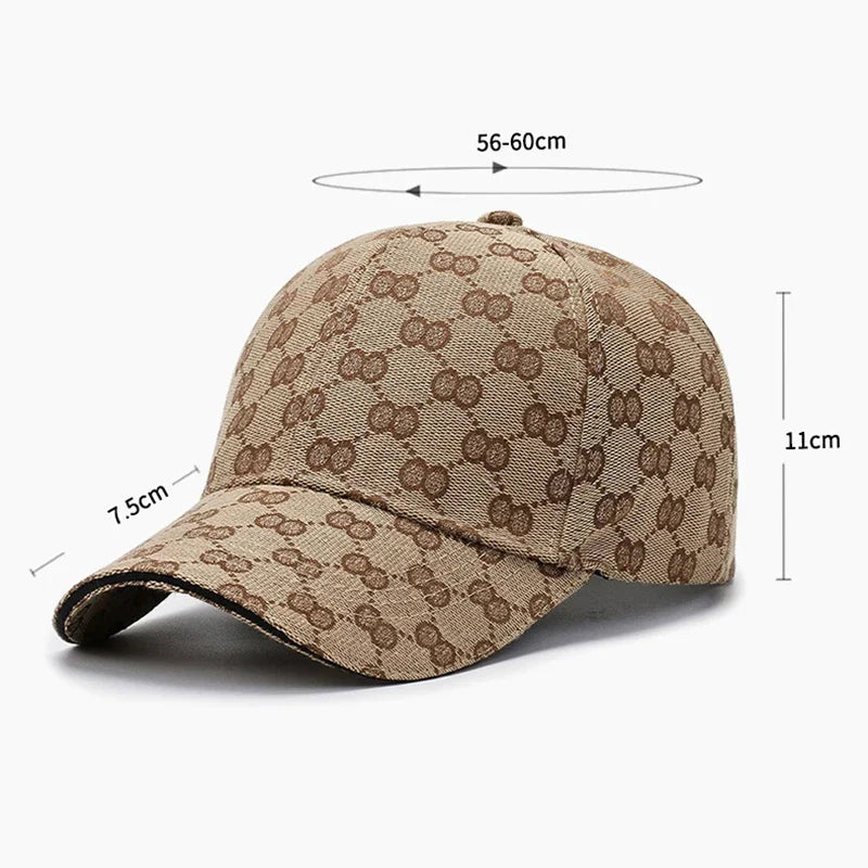 A beige men's cotton dot pattern baseball cap shown from the side with dimensions marked.