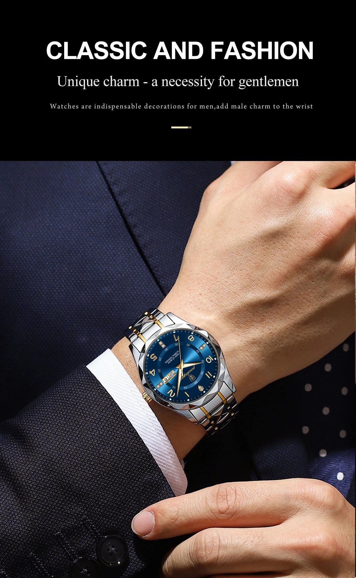 A close-up of a luxury men's quartz watch with a blue luminous dial and silver bracelet worn on a wrist, next to a dark suit 
