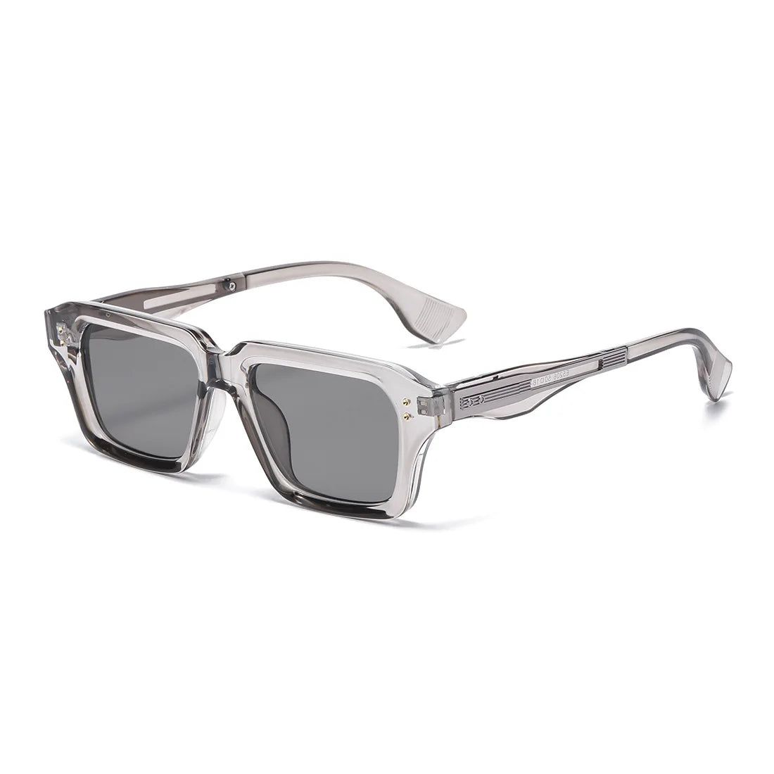 Sonnenbrille mit klarem Acetatrahmen, dunklen Gläsern und Metallakzenten