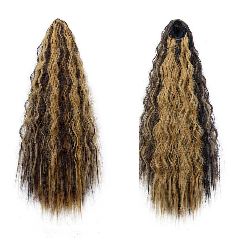 A pair of 22-inch synthetic kinky curly ponytail hair extensions shown in dark brown and blonde shades.