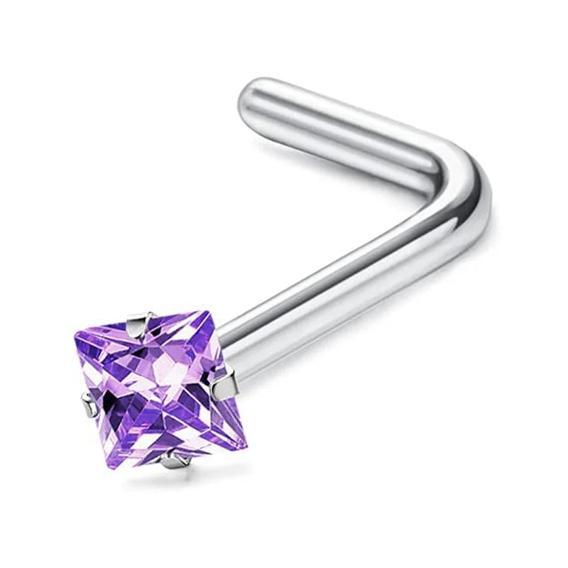 Surgical stainless steel nose piercing studs featuring a purple gemstone and a curved bar design.