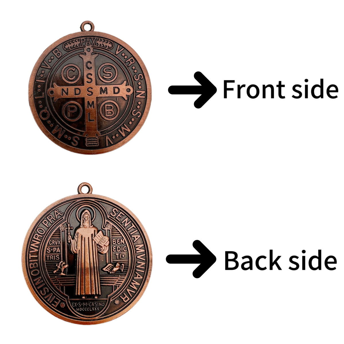 A bronze Saint Benedict protection charm showing the front and back sides.