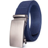 A close-up view of a dark blue tactical canvas utility belt with a brushed metal buckle.