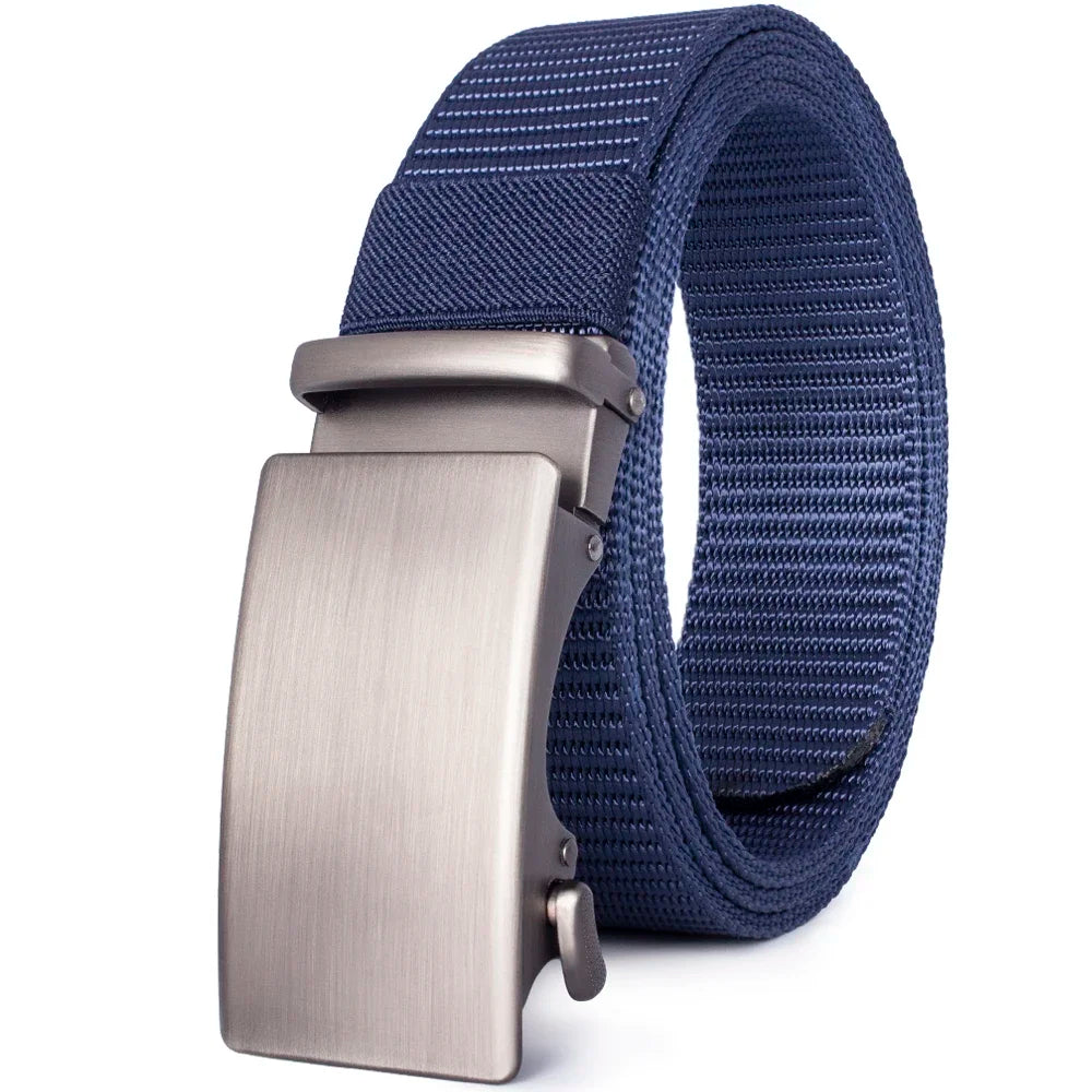 A close-up view of a dark blue tactical canvas utility belt with a brushed metal buckle.